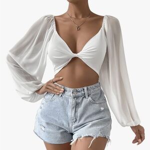 Twist Front Sweetheart Neck Crop Top Long Lantern Sleeve Blouse
